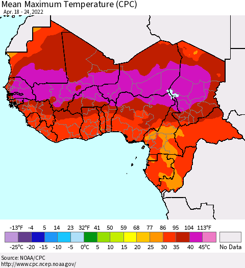 Western Africa Mean Maximum Temperature (CPC) Thematic Map For 4/18/2022 - 4/24/2022