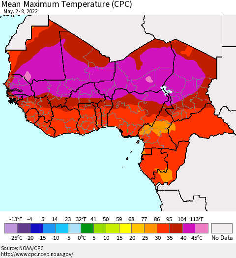 Western Africa Mean Maximum Temperature (CPC) Thematic Map For 5/2/2022 - 5/8/2022