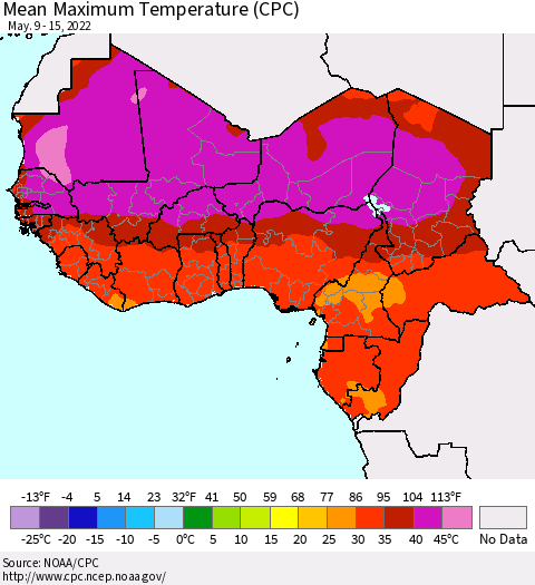 Western Africa Mean Maximum Temperature (CPC) Thematic Map For 5/9/2022 - 5/15/2022