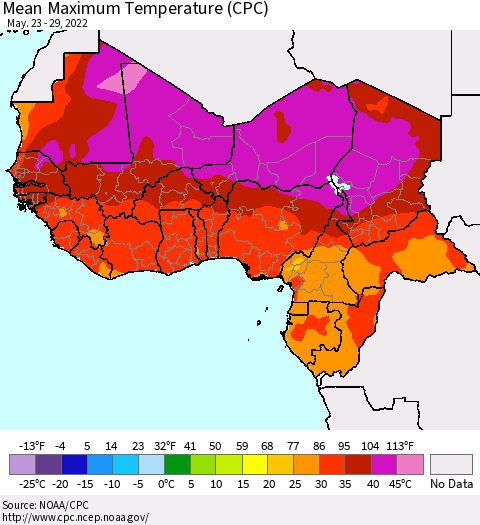 Western Africa Mean Maximum Temperature (CPC) Thematic Map For 5/23/2022 - 5/29/2022