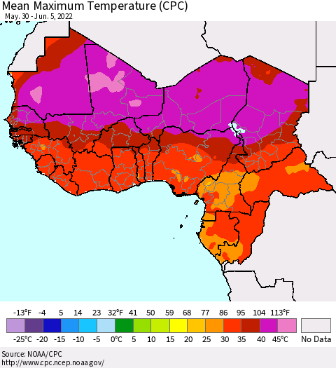 Western Africa Mean Maximum Temperature (CPC) Thematic Map For 5/30/2022 - 6/5/2022