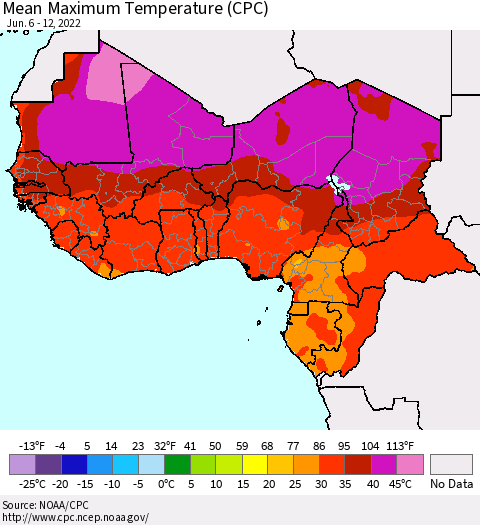 Western Africa Mean Maximum Temperature (CPC) Thematic Map For 6/6/2022 - 6/12/2022