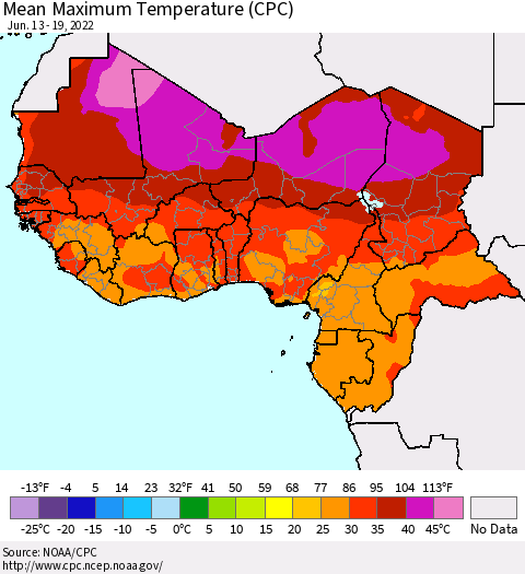 Western Africa Mean Maximum Temperature (CPC) Thematic Map For 6/13/2022 - 6/19/2022