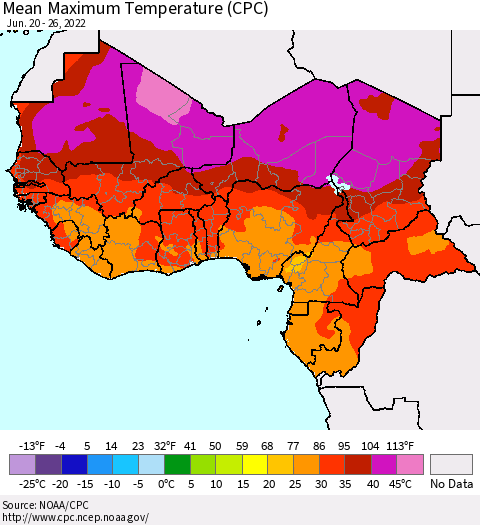 Western Africa Mean Maximum Temperature (CPC) Thematic Map For 6/20/2022 - 6/26/2022