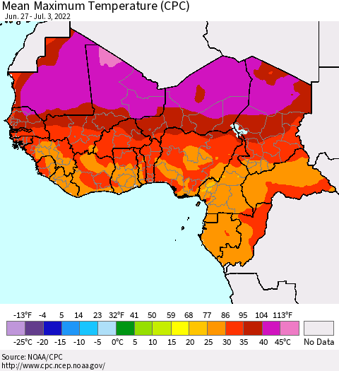 Western Africa Mean Maximum Temperature (CPC) Thematic Map For 6/27/2022 - 7/3/2022