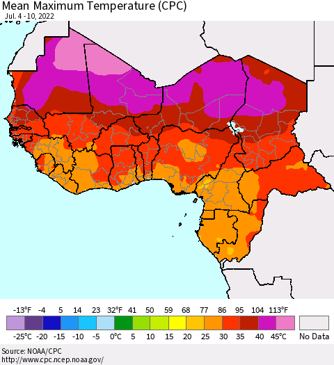 Western Africa Mean Maximum Temperature (CPC) Thematic Map For 7/4/2022 - 7/10/2022