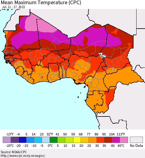 Western Africa Mean Maximum Temperature (CPC) Thematic Map For 7/11/2022 - 7/17/2022