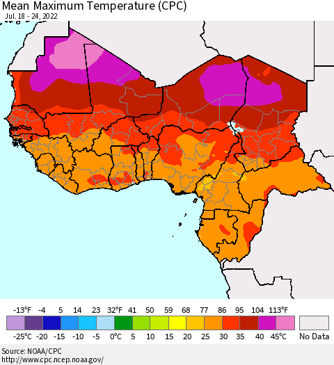 Western Africa Mean Maximum Temperature (CPC) Thematic Map For 7/18/2022 - 7/24/2022