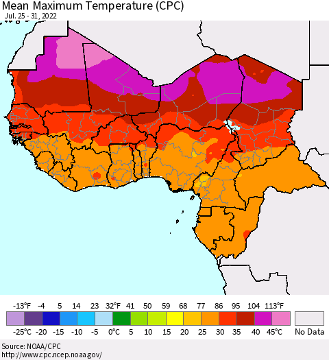 Western Africa Mean Maximum Temperature (CPC) Thematic Map For 7/25/2022 - 7/31/2022