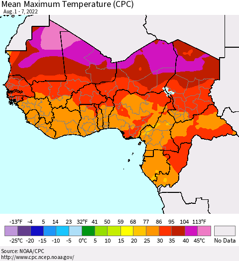 Western Africa Mean Maximum Temperature (CPC) Thematic Map For 8/1/2022 - 8/7/2022