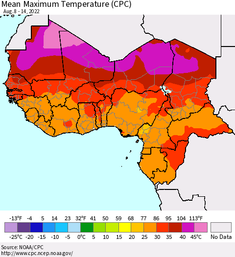 Western Africa Mean Maximum Temperature (CPC) Thematic Map For 8/8/2022 - 8/14/2022