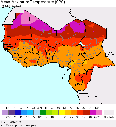 Western Africa Mean Maximum Temperature (CPC) Thematic Map For 8/15/2022 - 8/21/2022