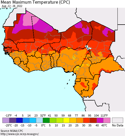 Western Africa Mean Maximum Temperature (CPC) Thematic Map For 8/22/2022 - 8/28/2022
