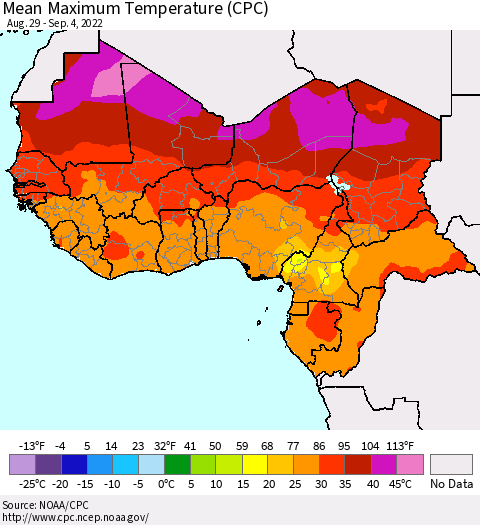 Western Africa Mean Maximum Temperature (CPC) Thematic Map For 8/29/2022 - 9/4/2022