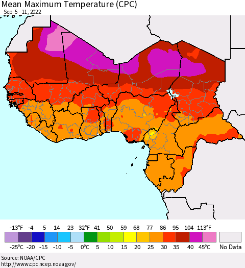 Western Africa Mean Maximum Temperature (CPC) Thematic Map For 9/5/2022 - 9/11/2022