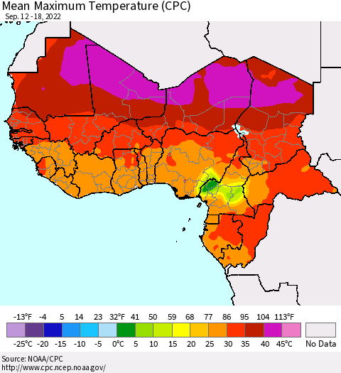 Western Africa Mean Maximum Temperature (CPC) Thematic Map For 9/12/2022 - 9/18/2022