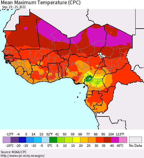 Western Africa Mean Maximum Temperature (CPC) Thematic Map For 9/19/2022 - 9/25/2022