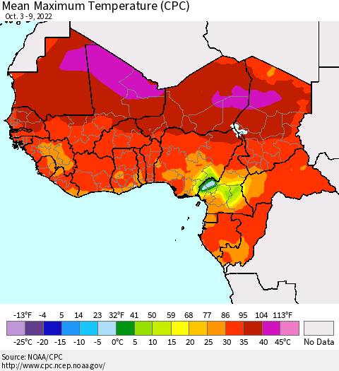 Western Africa Mean Maximum Temperature (CPC) Thematic Map For 10/3/2022 - 10/9/2022