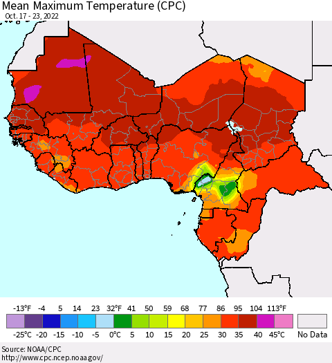 Western Africa Mean Maximum Temperature (CPC) Thematic Map For 10/17/2022 - 10/23/2022