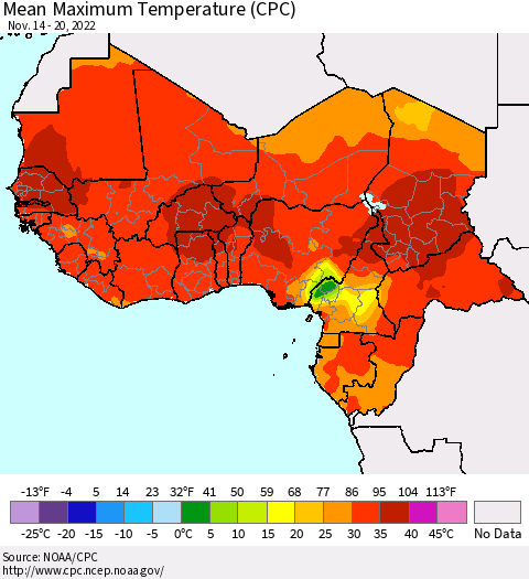 Western Africa Mean Maximum Temperature (CPC) Thematic Map For 11/14/2022 - 11/20/2022