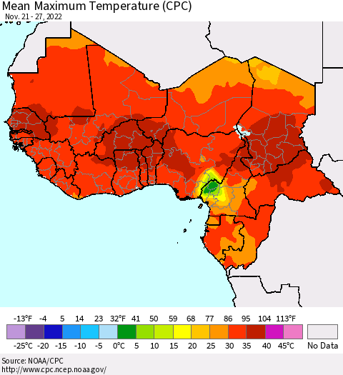 Western Africa Mean Maximum Temperature (CPC) Thematic Map For 11/21/2022 - 11/27/2022