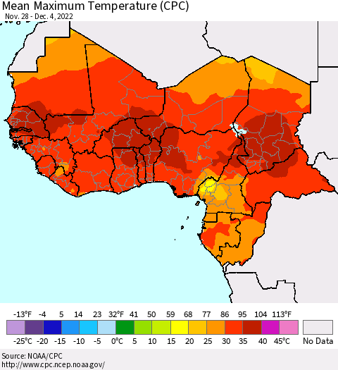 Western Africa Mean Maximum Temperature (CPC) Thematic Map For 11/28/2022 - 12/4/2022