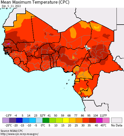 Western Africa Mean Maximum Temperature (CPC) Thematic Map For 12/5/2022 - 12/11/2022