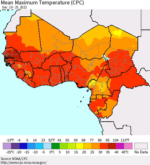Western Africa Mean Maximum Temperature (CPC) Thematic Map For 12/19/2022 - 12/25/2022