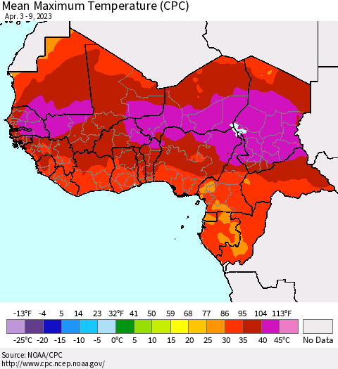 Western Africa Mean Maximum Temperature (CPC) Thematic Map For 4/3/2023 - 4/9/2023