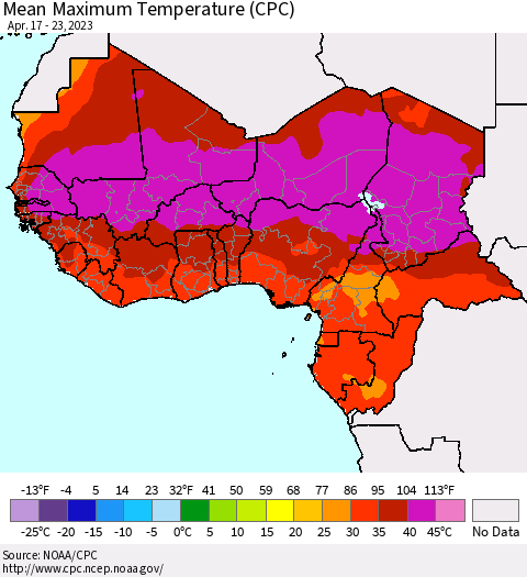 Western Africa Mean Maximum Temperature (CPC) Thematic Map For 4/17/2023 - 4/23/2023