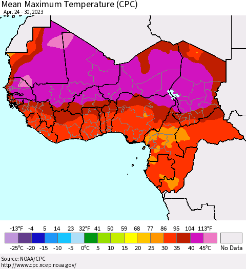 Western Africa Mean Maximum Temperature (CPC) Thematic Map For 4/24/2023 - 4/30/2023