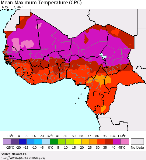 Western Africa Mean Maximum Temperature (CPC) Thematic Map For 5/1/2023 - 5/7/2023