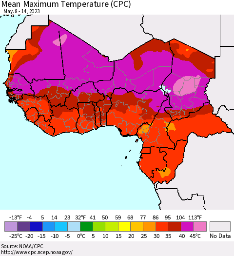 Western Africa Mean Maximum Temperature (CPC) Thematic Map For 5/8/2023 - 5/14/2023
