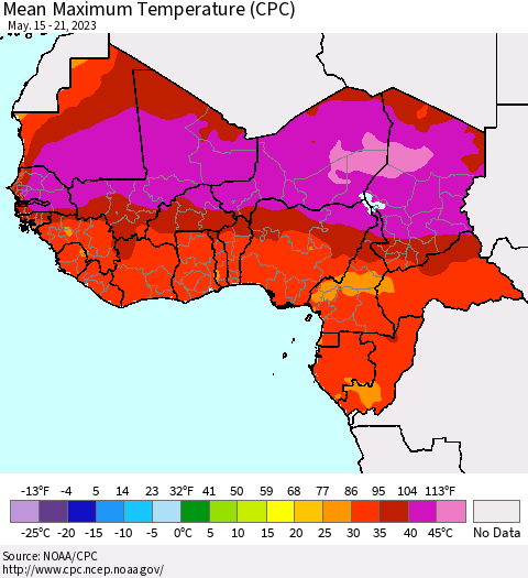 Western Africa Mean Maximum Temperature (CPC) Thematic Map For 5/15/2023 - 5/21/2023