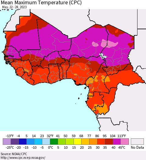 Western Africa Mean Maximum Temperature (CPC) Thematic Map For 5/22/2023 - 5/28/2023