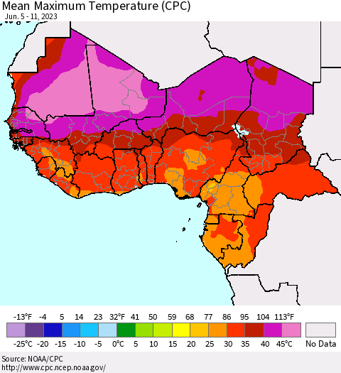 Western Africa Mean Maximum Temperature (CPC) Thematic Map For 6/5/2023 - 6/11/2023
