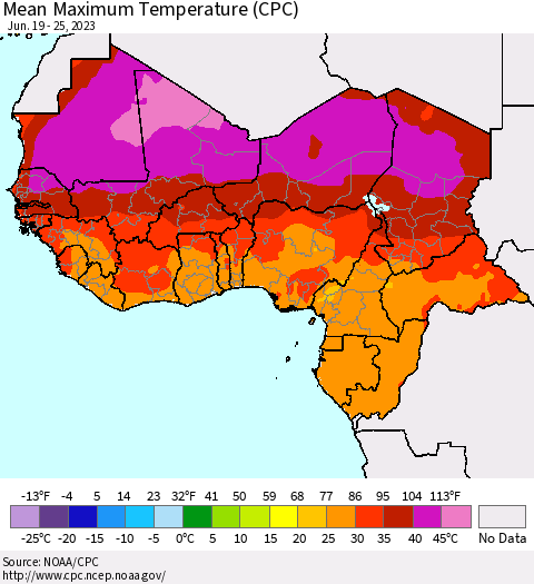 Western Africa Mean Maximum Temperature (CPC) Thematic Map For 6/19/2023 - 6/25/2023