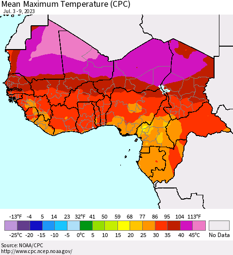Western Africa Mean Maximum Temperature (CPC) Thematic Map For 7/3/2023 - 7/9/2023