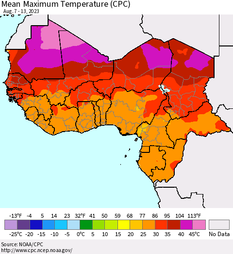 Western Africa Mean Maximum Temperature (CPC) Thematic Map For 8/7/2023 - 8/13/2023