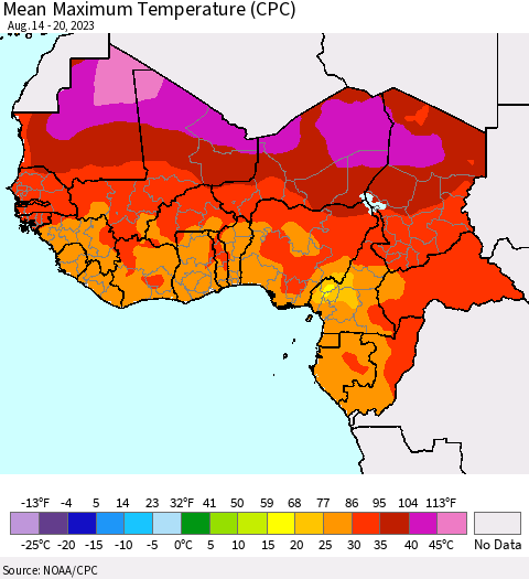 Western Africa Mean Maximum Temperature (CPC) Thematic Map For 8/14/2023 - 8/20/2023