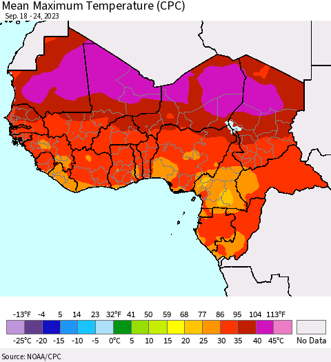 Western Africa Mean Maximum Temperature (CPC) Thematic Map For 9/18/2023 - 9/24/2023