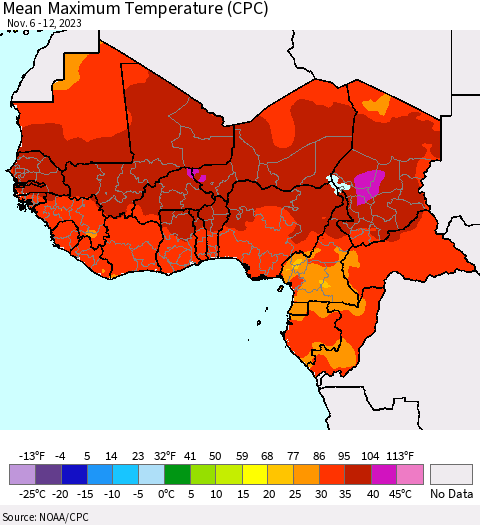 Western Africa Mean Maximum Temperature (CPC) Thematic Map For 11/6/2023 - 11/12/2023