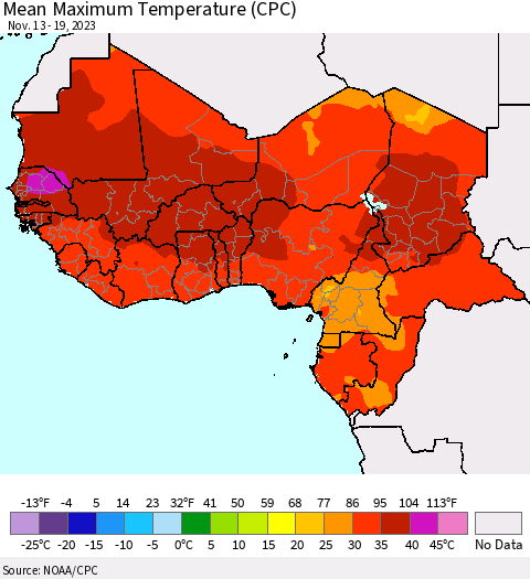 Western Africa Mean Maximum Temperature (CPC) Thematic Map For 11/13/2023 - 11/19/2023