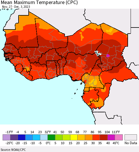 Western Africa Mean Maximum Temperature (CPC) Thematic Map For 11/27/2023 - 12/3/2023