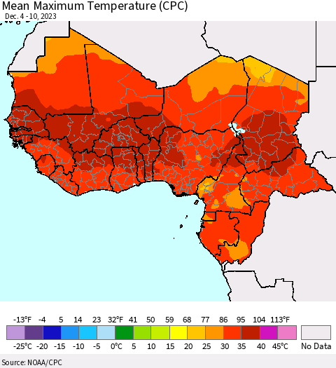 Western Africa Mean Maximum Temperature (CPC) Thematic Map For 12/4/2023 - 12/10/2023