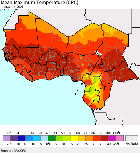 Western Africa Mean Maximum Temperature (CPC) Thematic Map For 1/8/2024 - 1/14/2024