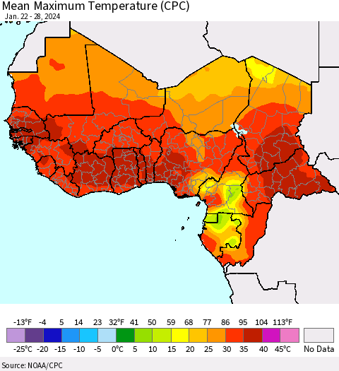 Western Africa Mean Maximum Temperature (CPC) Thematic Map For 1/22/2024 - 1/28/2024