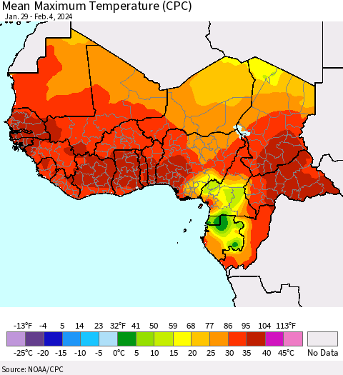 Western Africa Mean Maximum Temperature (CPC) Thematic Map For 1/29/2024 - 2/4/2024