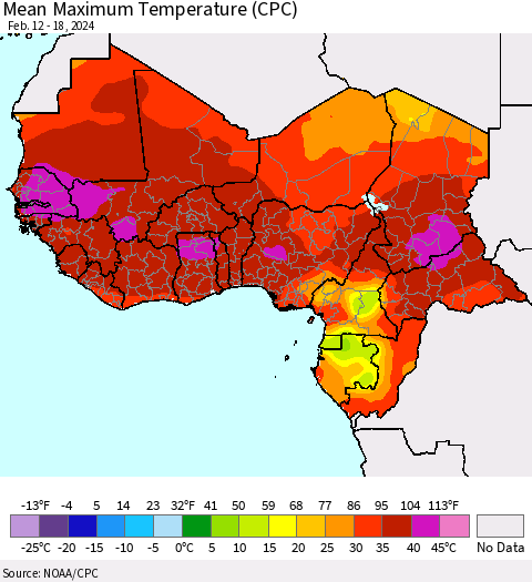 Western Africa Mean Maximum Temperature (CPC) Thematic Map For 2/12/2024 - 2/18/2024