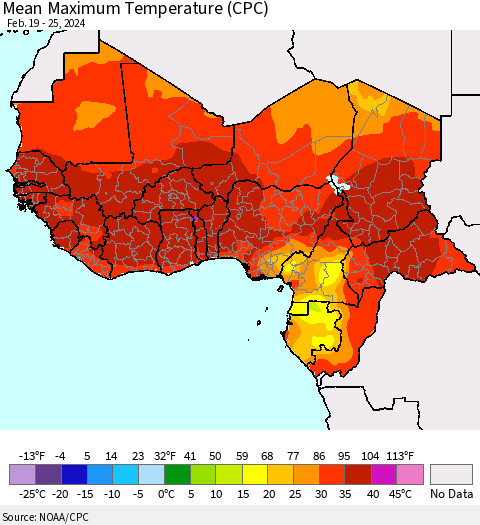 Western Africa Mean Maximum Temperature (CPC) Thematic Map For 2/19/2024 - 2/25/2024